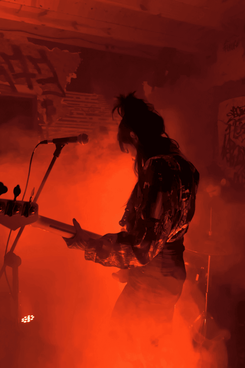 Live vocalist performing on stage with microphone under bright concert lights and smoke.