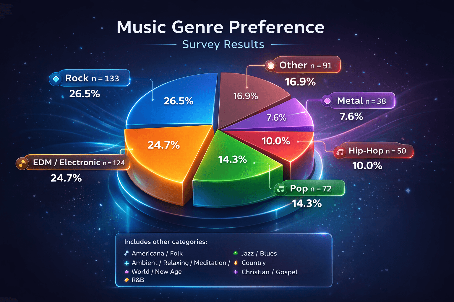 3D pie chart showing music genre preference distribution: Rock 26.5%, EDM 24.7%, Pop 14.3%, Hip-Hop 10%, Metal 7.6%, and Other 16.9%.